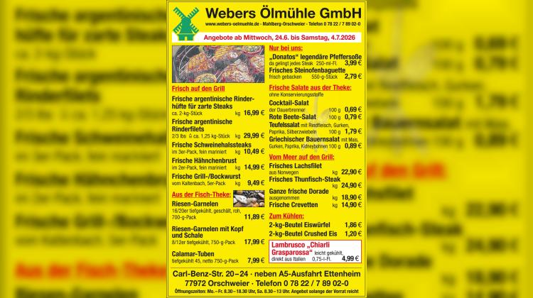 Orschweier: Webers &Ouml;lm&uuml;hle f&uuml;llt die Grilltheke - Angebote vom 24.6. bis 4.7.2026