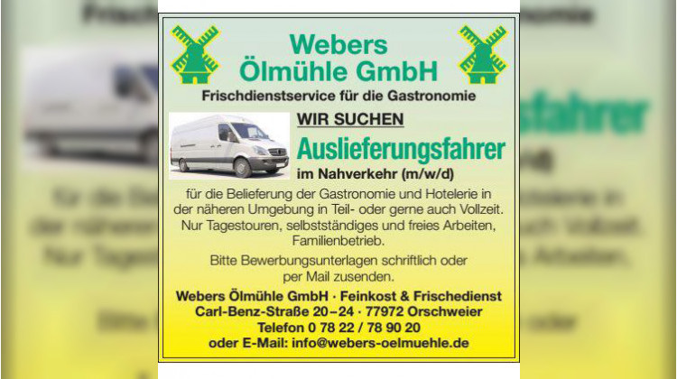 Jobangebot: Auslieferungsfahrer im Nahverkehr (m/w/d) für Webers Ölmühle GmbH