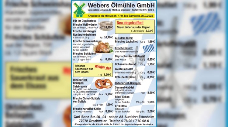 Neue Wochenangebote bei Webers Ölmühle – gültig ab 17.09.2025 bis 27.09.2025