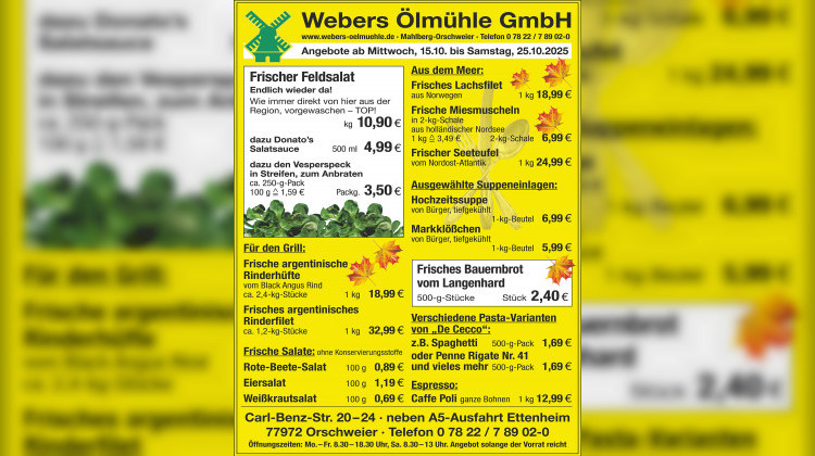 Neue Wochenangebote bei Webers Ölmühle – gültig ab 15.10 bis 25.10.2025