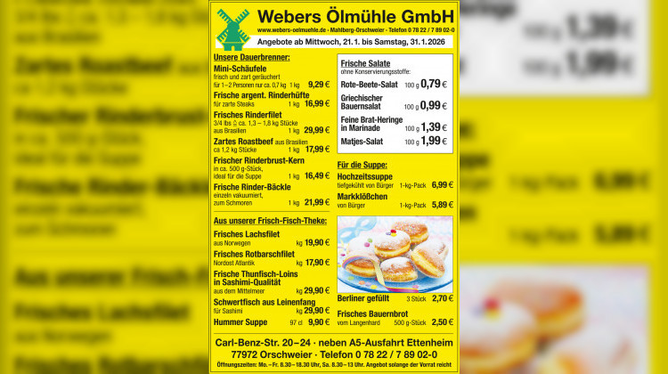 Neue Wochenangebote bei Webers &Ouml;lm&uuml;hle &ndash; g&uuml;ltig ab 21.01 - 31.01.2026